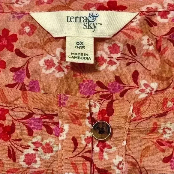 Terra & Sky Women's Plus Size 0X (14W) Button Front Pink Floral Dress Pockets - Picture 10 of 13